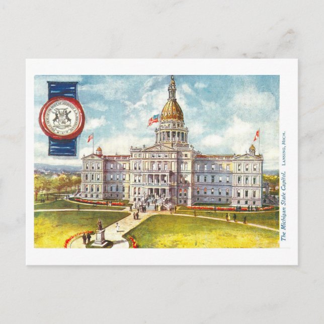 Vintage Michigan Capitol with Seal Postcard (Front)