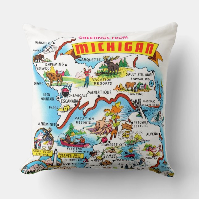 Vintage Michigan Greetings Map  Throw Pillow (Front)