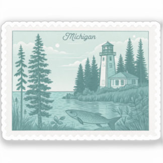 Vintage Michigan Lighthouse Great Lakes Fish Stamp Sticker