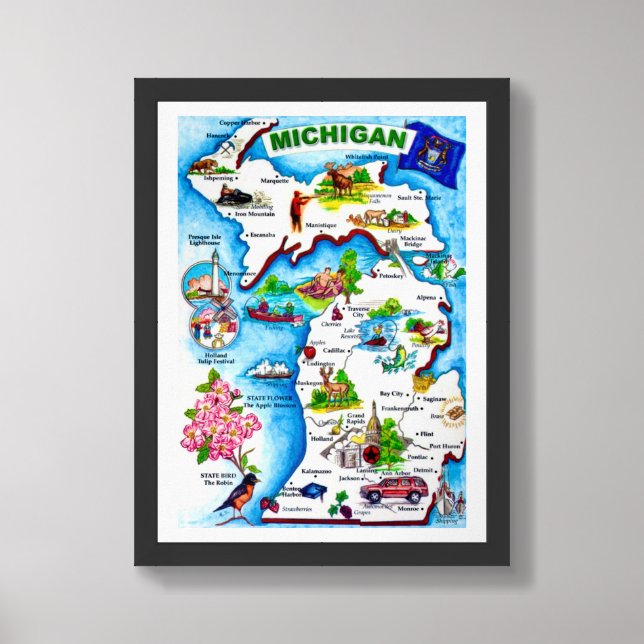 Vintage Michigan Map Print (Framed Front)