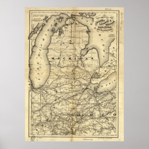 Vintage Michigan, Ohio and Indiana Railroad Map Poster