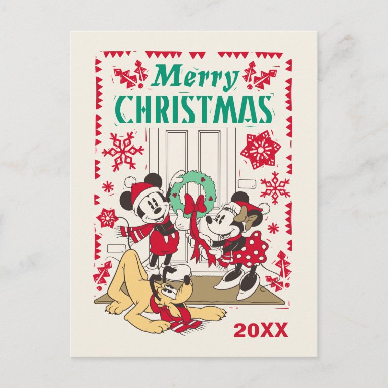 Vintage Mickey &amp; Friends | Merry                    Christmas Holiday Postcard