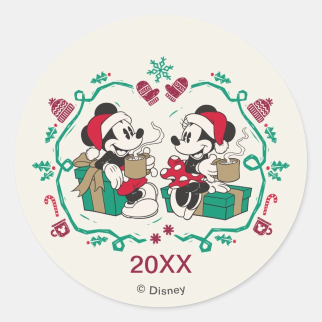 Vintage Mickey & Minnie | Cozy Christmas Classic Round Sticker (Front)