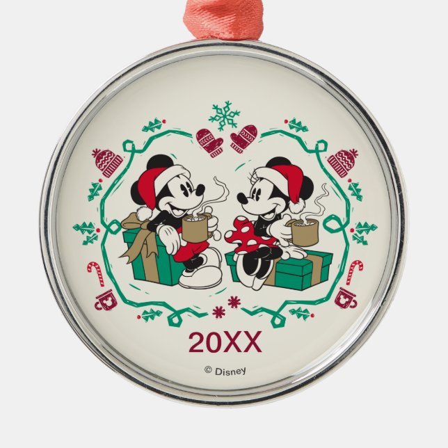 Vintage Mickey & Minnie | Cozy Christmas Metal Ornament (Front)