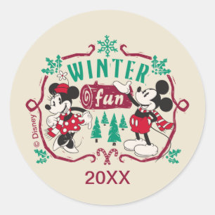 Vintage Mickey & Minnie   Winter Fun Classic Round Sticker