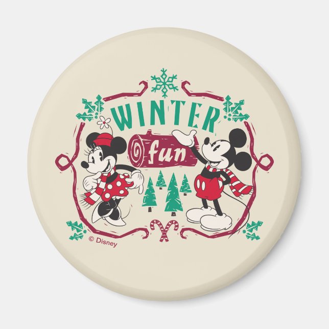 Vintage Mickey & Minnie | Winter Fun Magnet (Front)