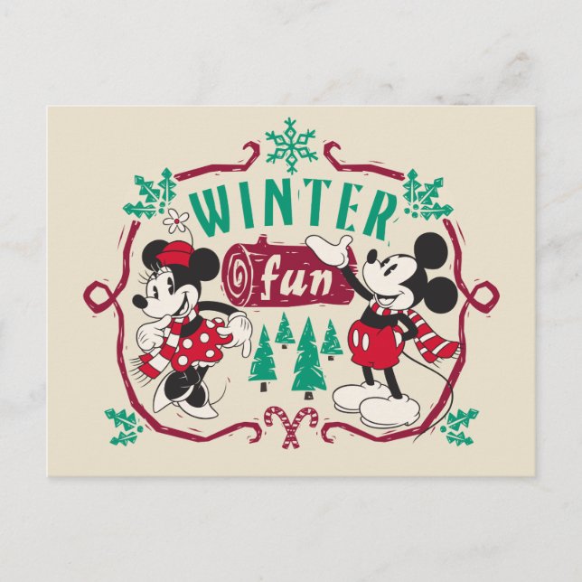 Vintage Mickey & Minnie | Winter Fun Postcard (Front)