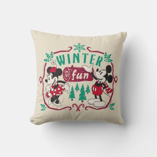 Vintage Mickey & Minnie | Winter Fun Throw Pillow (Front)