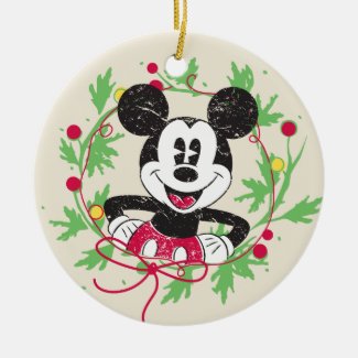 Vintage Mickey Mouse | Christmas Wreath Ceramic Ornament