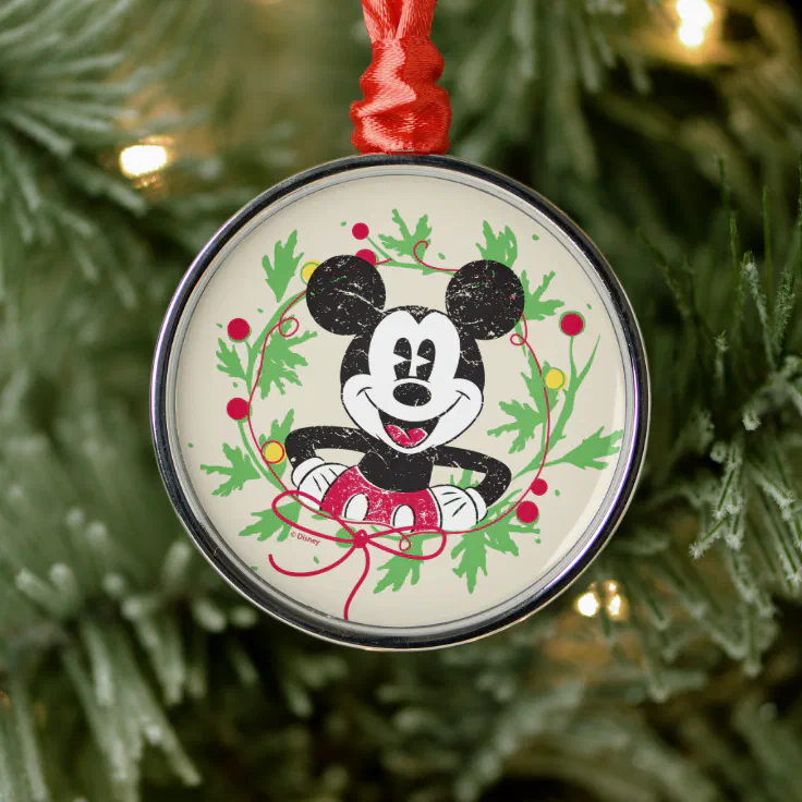 Vintage Mickey Mouse | Christmas Wreath Metal Ornament | Zazzle
