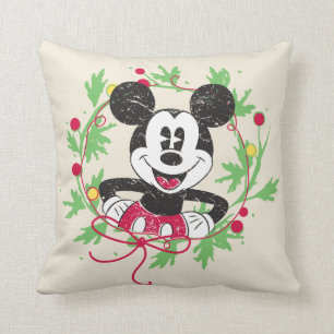 Vintage Mickey Mouse Christmas Wreath Throw Pillow
