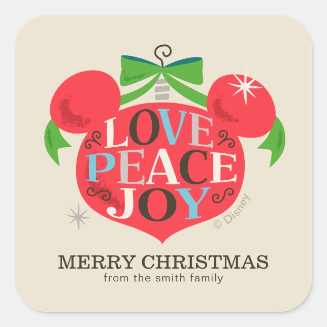 Vintage Mickey Mouse | Love, Peace & Joy - Custom Square Sticker (Front)