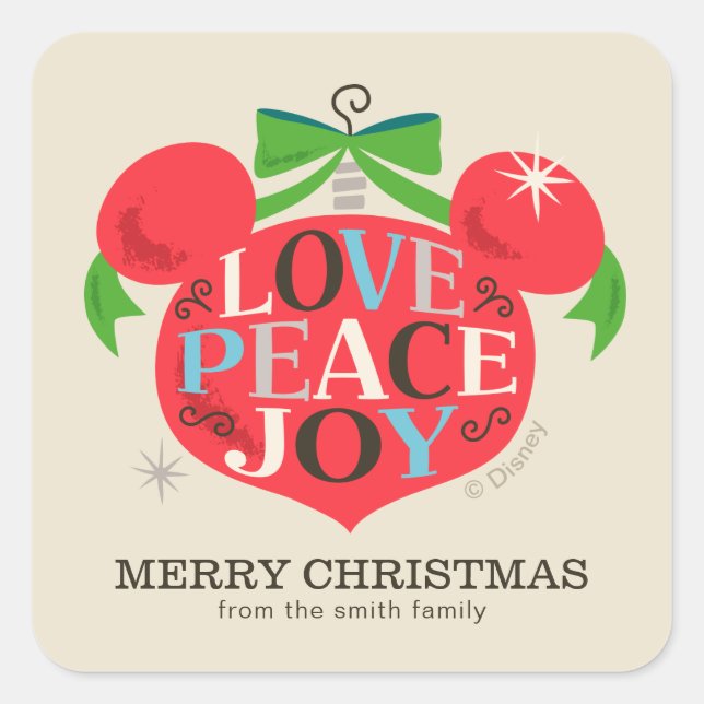 Vintage Mickey Mouse | Love, Peace & Joy - Custom Square Sticker (Front)
