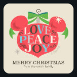Vintage Mickey Mouse | Love, Peace & Joy - Custom Square Sticker<br><div class="desc">It's time to share the magic of the holidays with Mickey Mouse in this cute vintage love,  peace and joy graphic. Personalize by adding your custom text!</div>
