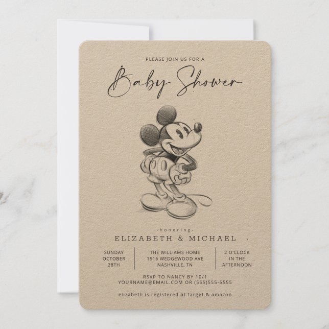Vintage Mickey Mouse Sketch Baby Shower Invitation (Front)