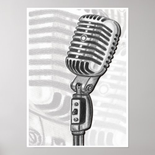 Vintage Microphone in Charcoal Art Print