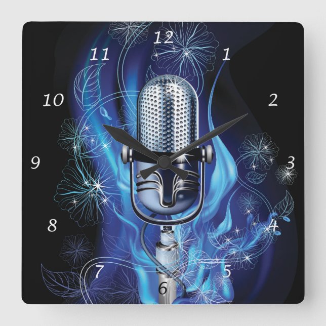 Vintage Microphone Square Wall Clock (Front)