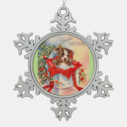 Vintage Mid Century Beautiful Baby Boston Terrier Snowflake Pewter Christmas Ornament