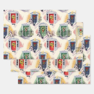 Vintage Mid-Century Christmas Doorways Wrapping Paper Sheets