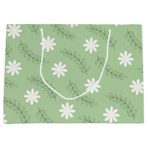 Vintage Mid Century Green White Flower Pattern Large Gift Bag