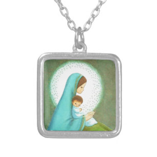 Vintage Mid Century Madonna and Child Silver Plated Necklace