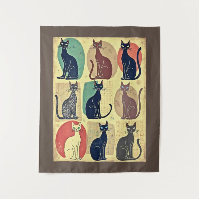 Vintage Mid-Century Modern Cats Tapestry (Front)