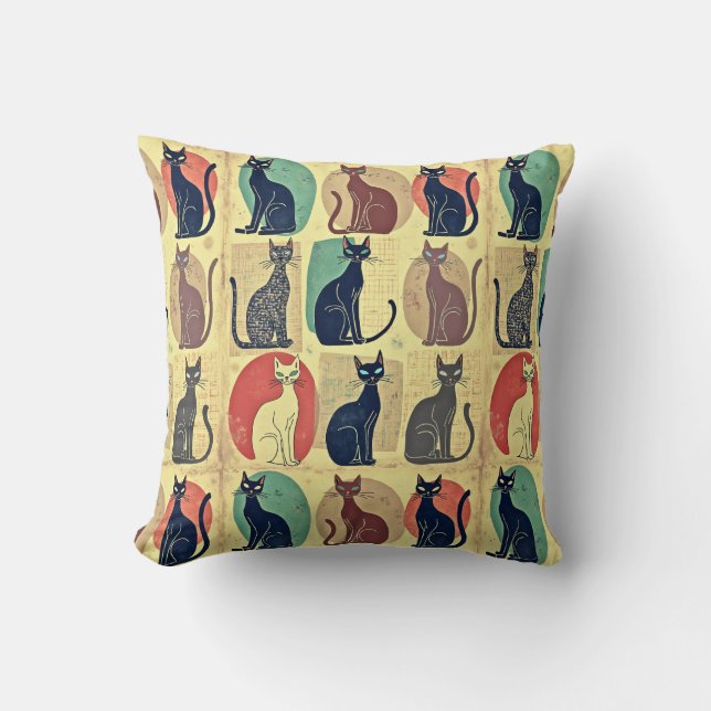 Vintage Mid-Century Modern Cats Throw Pillow (Front)