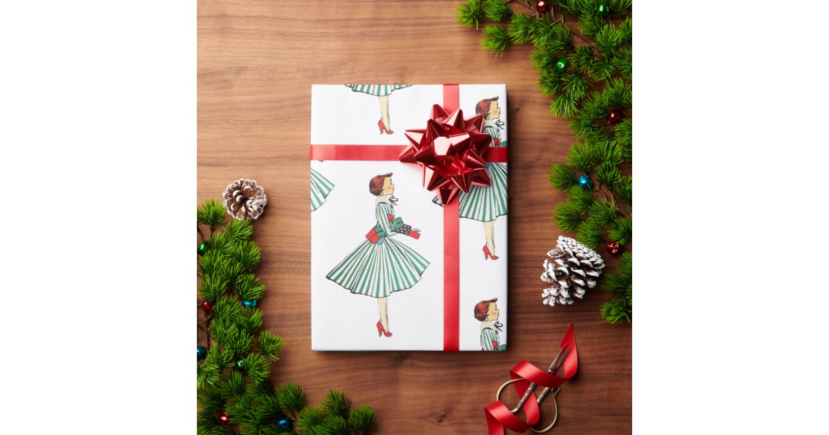 Vintage Mid Century Retro Christmas Lady Wrapping Paper