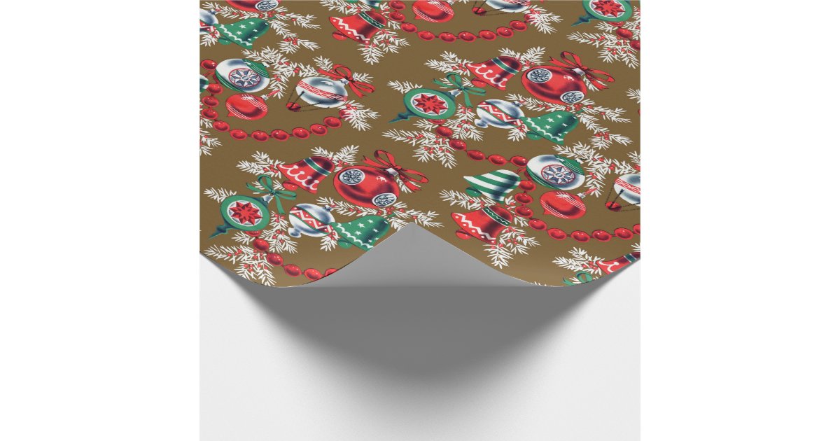 Vintage CHRISTMAS WRAPPING PAPER GIFT WRAP CANDLE & ORNAMENTS  1950's MID-CENTURY