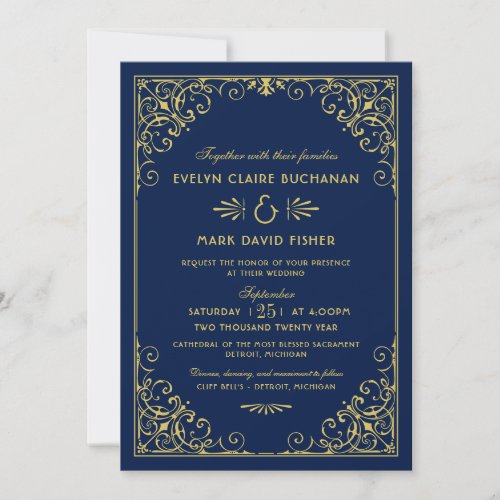 Vintage Midnight Blue and Gold Art Deco Wedding Invitation