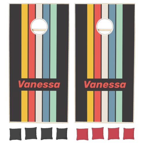 Vintage Midnight Pin Striped with Name Cornhole Set
