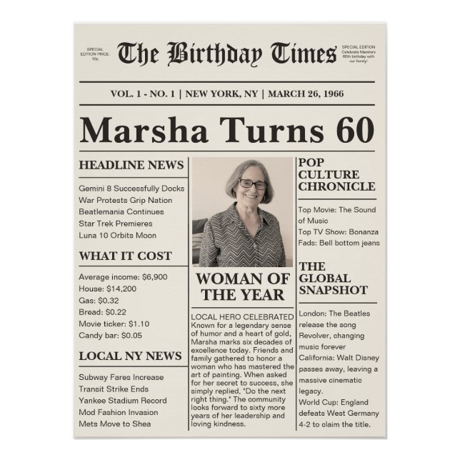 Vintage Milestone Birthday Newspaper - Custom Year Poster (Front)