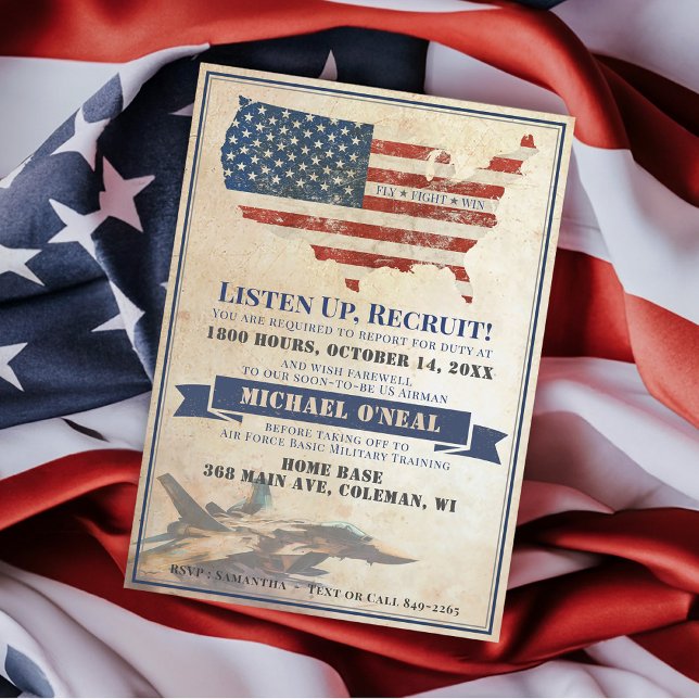 Vintage Military Flag Air Force Going Away Party Invitation (Listen Up Recruit US Air Force Going Away Party Invitation, Airplane, patriotic, Farewell, usa flag)