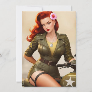 Vintage Military Motorcycle Pinup Greeting Card