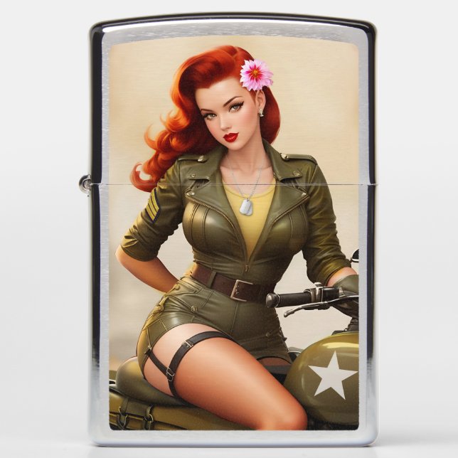 Vintage Military Motorcycle Pinup Lighter (Front)