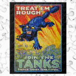 Vintage Military War Recruiting with a Wild Cat Jigsaw Puzzle<br><div class="desc">Vintage illustration patriotic military propaganda poster Treat em Rough and Join the Tanks; United States Tanks Corps." This patriotic advertisement war poster features a big crazy cat with wild eyes and fierce claws attacking tanks with the sky filled with fire and flames as the city burns in the distance. Support...</div>