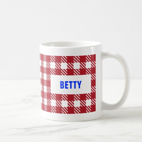 Vintage Milk Glass Red Plaid Gingham Name Coffee Mug