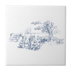 Vintage Milk maids Milking Cows Delft Blue White Ceramic Tile