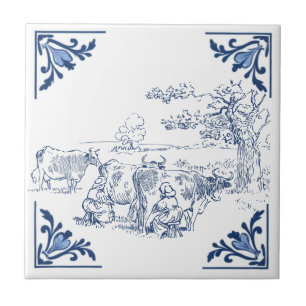 Vintage Milkmaids Milking Cows Delft Blue White Ceramic Tile