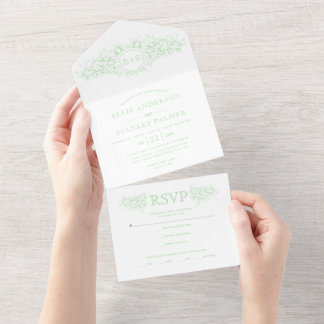 Vintage mine green heraldic crest wedding all in one invitation