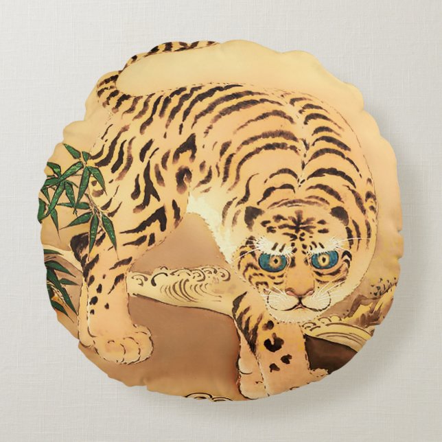 Vintage Minhwa Tiger by a Stream Round Pillow (Front)