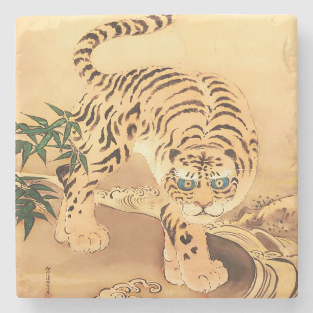 Vintage Minhwa Tiger by a Stream Stone Coaster (Front)