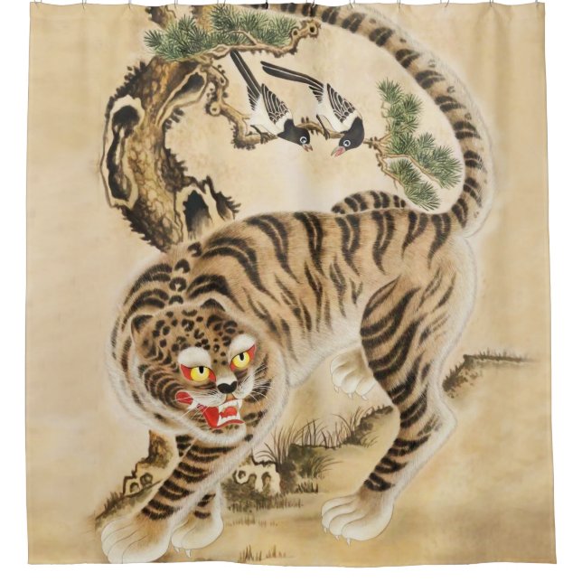 Vintage Minhwa Tiger Under Pine Tree Shower Curtain (Front)