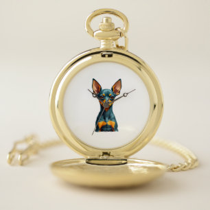Vintage Miniature Pinscher Portrait Colorful Engra Pocket Watch