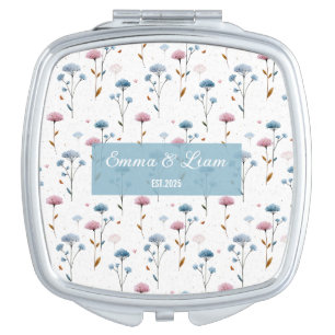Vintage Minimal Blue and Pink Floral Personalized Compact Mirror