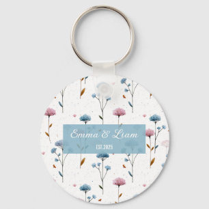Vintage Minimal Blue and Pink Floral Personalized Keychain