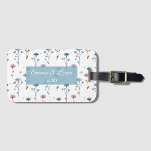 Vintage Minimal Blue and Pink Floral Personalized Luggage Tag