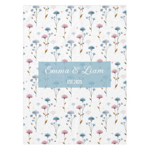 Vintage Minimal Blue and Pink Floral Personalized Tablecloth