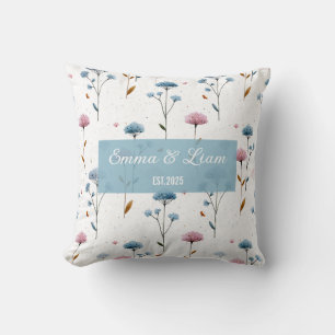 Vintage Minimal Blue and Pink Floral Personalized Throw Pillow