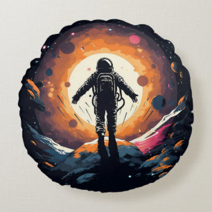 Vintage Minimalist Astronaut Space Adventure Round Pillow
